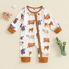 Baby Boy Cow & Horse Print, Long Sleeve, Zip-Up Fall Romper