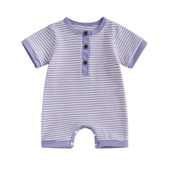 Unisex Newborn Short Sleeve Crewneck Button Front Stripes Print Romper Playsuit