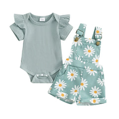 Baby Girl Flower Print Onesie & Suspender Shorts Set