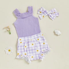 Baby Girl Ribbed Bodysuit, Plaid Ruffle Shorts & Headband Outfit Set