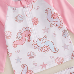 Baby Girl Seashell & Seahorse Print Rash Guard Swimsuit