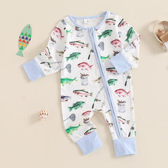 Unisex Baby Autumn Long Sleeve Crew Neck Fish Print Romper