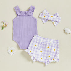 Baby Girl Ribbed Bodysuit, Plaid Ruffle Shorts & Headband Outfit Set