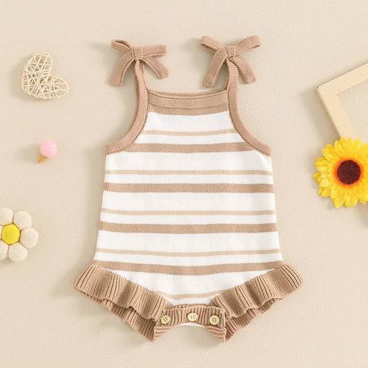 Baby Girl Sleeveless Bow Strap Ruffle Striped Ribbed Romper