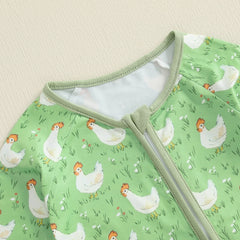 Baby Girl Chicken Print Long Sleeve Zipper Romper with Headband