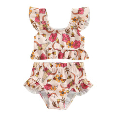 0-3Years Baby Girl Swim Set Flower/Bull Head Print