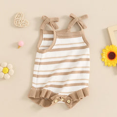 Baby Girl Sleeveless Bow Strap Ruffle Striped Ribbed Romper