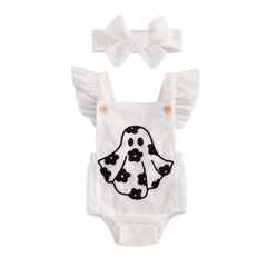 Newborn Girl Fly Sleeve Halloween Ghost Onesie with Hairband