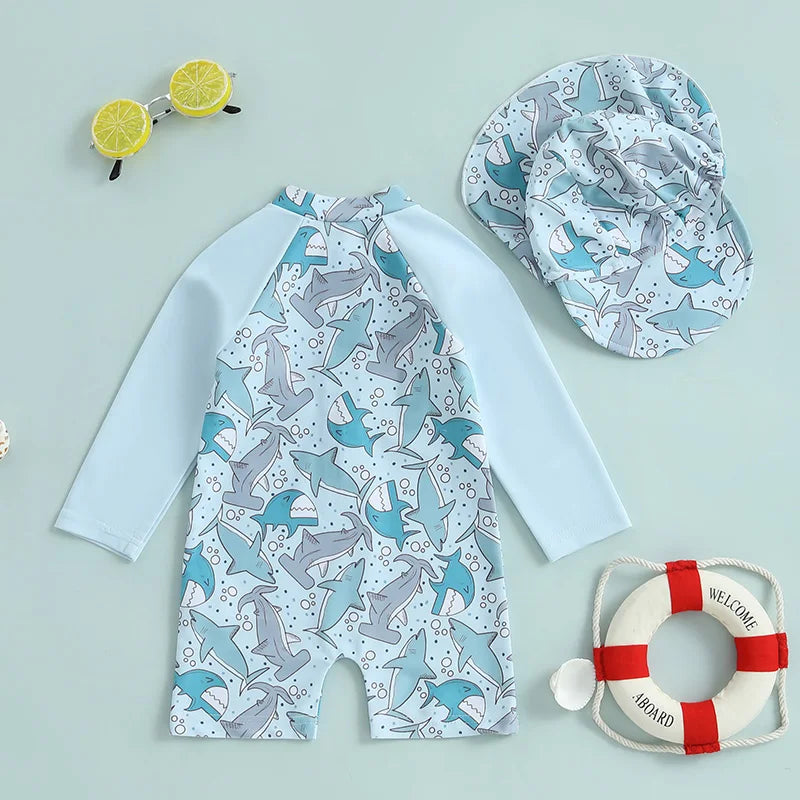 Baby Boys Rash Guard Swimsuit with Swim Cap | Comfy Tummies