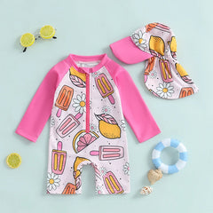Baby Girl 2-Piece Rash Guard Swimsuit with Hat