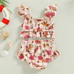 0-3Years Baby Girl Swim Set Flower/Bull Head Print