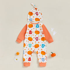 Baby Girl Ghost & Pumpkin Print Romper , Long Sleeves, and Matching Hat