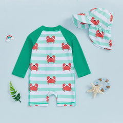 Boys’ Long Sleeve Crab & Stripe Swim Set + Matching Hat