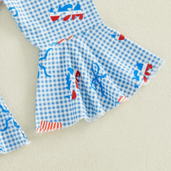 Baby Girls Letter Embroidery Romper and Plaid Bow 4th of July Outfit