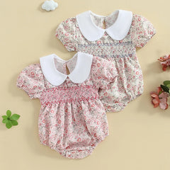 Newborn Baby Girl Short Sleeve Doll Collar Floral Print Onesie