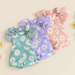 Baby Girl Flower Print Onesie & Suspender Shorts Set