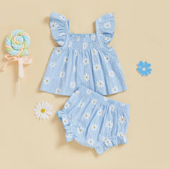 Baby Girl Daisy Smocked Top & Ruffle Shorts Summer Set