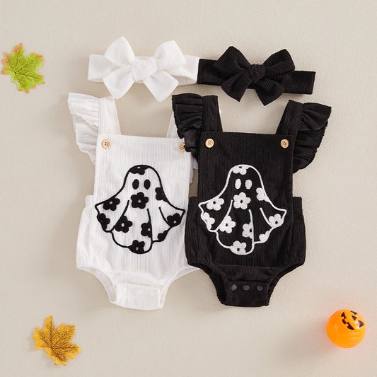 Newborn Girl Fly Sleeve Halloween Ghost Onesie with Hairband