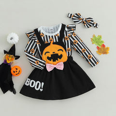 0–18M Baby Girl Halloween Pumpkin Print Romper & Suspender Skirt Set