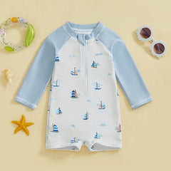 Baby Boys Shark & Palm Print, Long Sleeve, Zip-Up Rash Guard Swimsuit