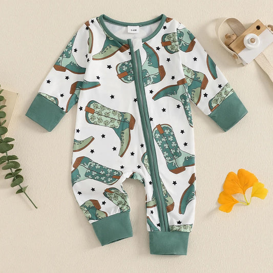 Baby Boy Long Sleeve, Crew Neck, Boots Print, Zippered Romper