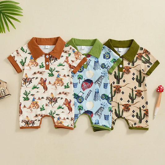 Baby Boys Short Sleeve Lapel Western Elements Romper