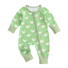 Baby Girl Chicken Print Long Sleeve Zipper Romper with Headband