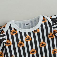 0–18M Baby Girl Halloween Pumpkin Print Romper & Suspender Skirt Set