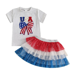 Baby Girl Letter Bow Embroidery 4th of July Outfit