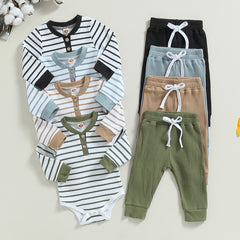 Autumn Baby Boy Long Sleeve Striped Print Romper + Pants Set