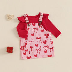 Baby Girl Ribbed Romper and Heart-Print Valentine’s Overall Dress Set