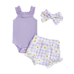 Baby Girl Ribbed Bodysuit, Plaid Ruffle Shorts & Headband Outfit Set