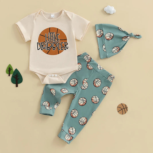 Baby Boy Letter Onesie, Basketball Pants & Hat Set
