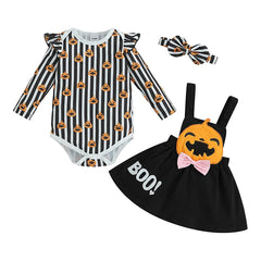0–18M Baby Girl Halloween Pumpkin Print Romper & Suspender Skirt Set