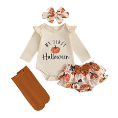 Baby Girl Pumpkin Romper, Tiered Shorts, Leg Warmers & Headband Halloween Set