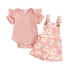 Baby Girl Flower Print Onesie & Suspender Shorts Set