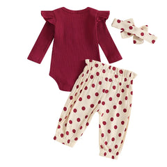 Baby Girl Long Sleeve Romper, Dot Pants & Matching Headband Set