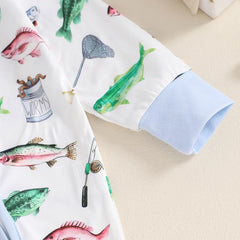 Unisex Baby Autumn Long Sleeve Crew Neck Fish Print Romper