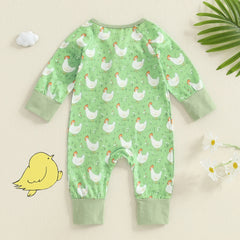 Baby Girl Chicken Print Long Sleeve Zipper Romper with Headband