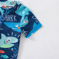 0-18M Infant Kids Boy Shark Printed Short Sleeve Zipper Jumpsuit Swimwear