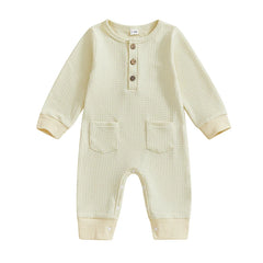 0–18M Unisex Baby Solid Color, Long Sleeve, Button-Up Romper
