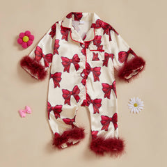 0-24M Baby Girl Bow Print Furry Romper Pajamas
