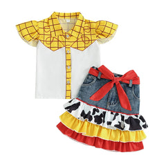 Baby Girls Plaid Print Cow Pattern Ruffles Patchwork Denim Skirt Outfit