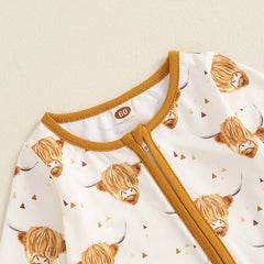 Baby Boy Cow & Horse Print, Long Sleeve, Zip-Up Fall Romper
