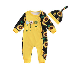 Baby Girl Floral Button-Down Romper with 3D Flowers, Long Sleeve & Hat Set