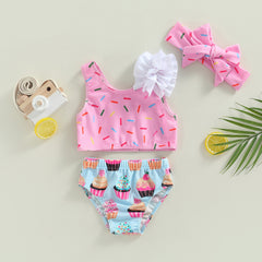 0-3Years Kid Girls 2pcs Swimsuit Sleeveless Dot / Cup Cake Print Tops Summer Beach Shorts