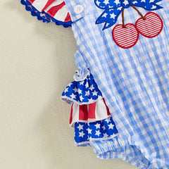Baby Girls Patriotic Casual Cherry Embroidery Plaid Fly Sleeves Jumpsuit and Headband Set