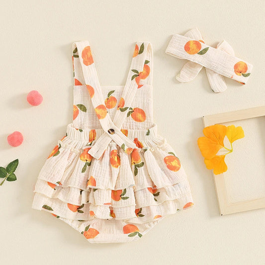Baby Girls Peach Print Sleeveless Ruffled Jumpsuit with Bow Headband
