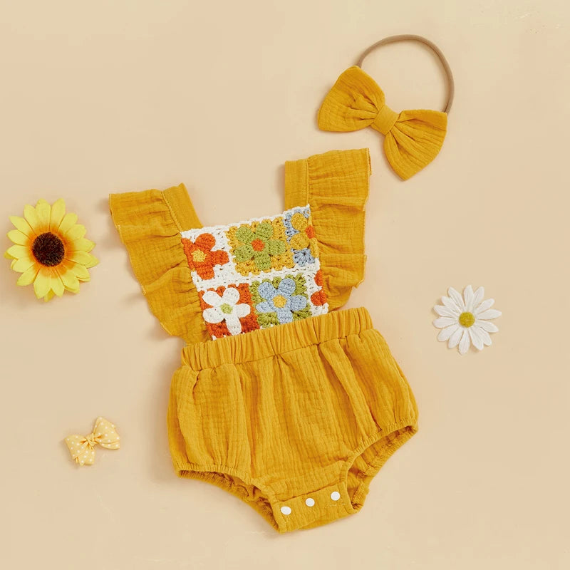 Summer Baby Girl Crochet Romper | Bow Headband