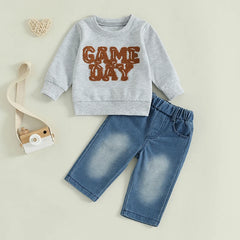 Toddler Boy "Game Day" Embroidered Long Sleeve Top & Denim Pants Fall Outfit